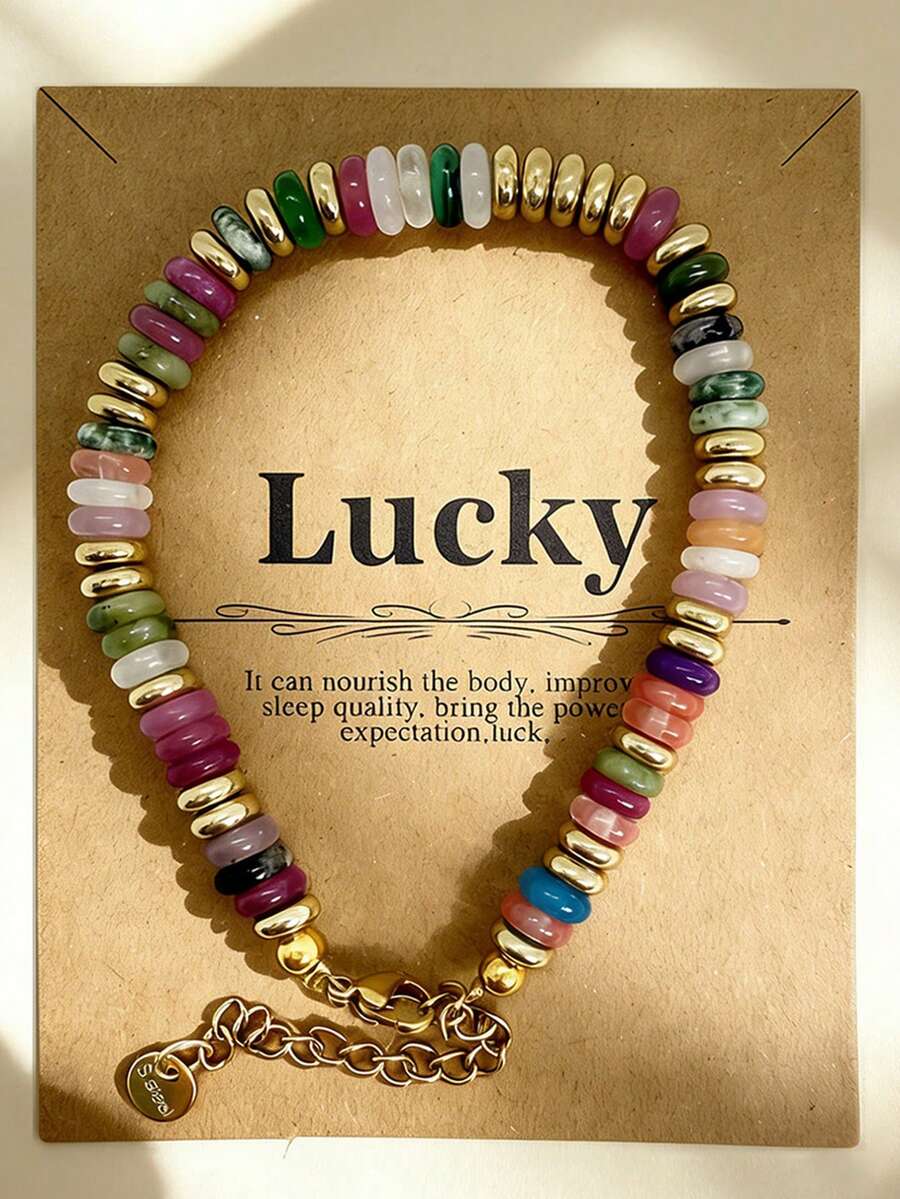 Bohemian Style Colorful Natural Stone Bead Bracelet, Made Of Stainless Steel, With Gold-Plated Interlocking Beads. A Fashionable Beach Vacation Accessory For Women, A Creative Handmade Gift. Pendant Bracelet As A Gift For Girlfriends, Sisters, Friends, Grandpa, Grandma, Mom, Dad. Holiday Gift. The Color Sequence Is Randomly Arranged. - Lucky - View 1