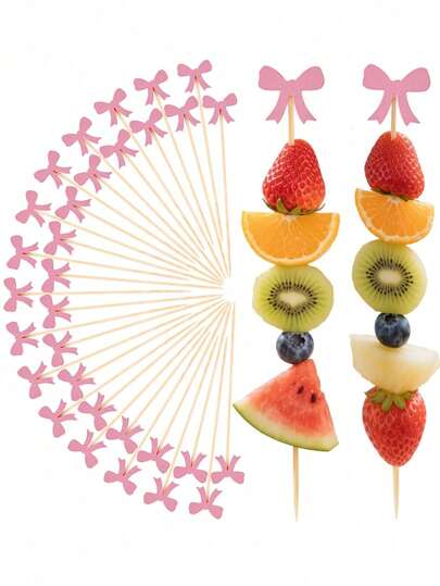 4.72inch Pink Bow Bamboo Skewers 10/50/100PCS, Handmade For Fruit, Cake, Bread, Appetizers, Handmade Appetizers, Pink Bow Bamboo Skewers Food, Suitable For Wedding Season, School Events, Gatherings, Parties, Outdoor BBQ, Picnics