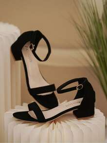 1 双时尚优雅的露趾低跟踝带凉鞋，适合青少年，夏季 - 黑色 - 查看 3