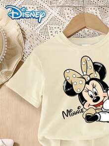 Disney Bộ đồ hè 2 món cho bé gái gồm áo thun ngắn tay và quần short in chữ Mickey Mouse và Minnie, trang phục dễ thương cho trẻ em, thích hợp cho kỳ nghỉ, màu trơn, cạp chun, đồ mặc ngoài trời. - Màu be - Xem 4