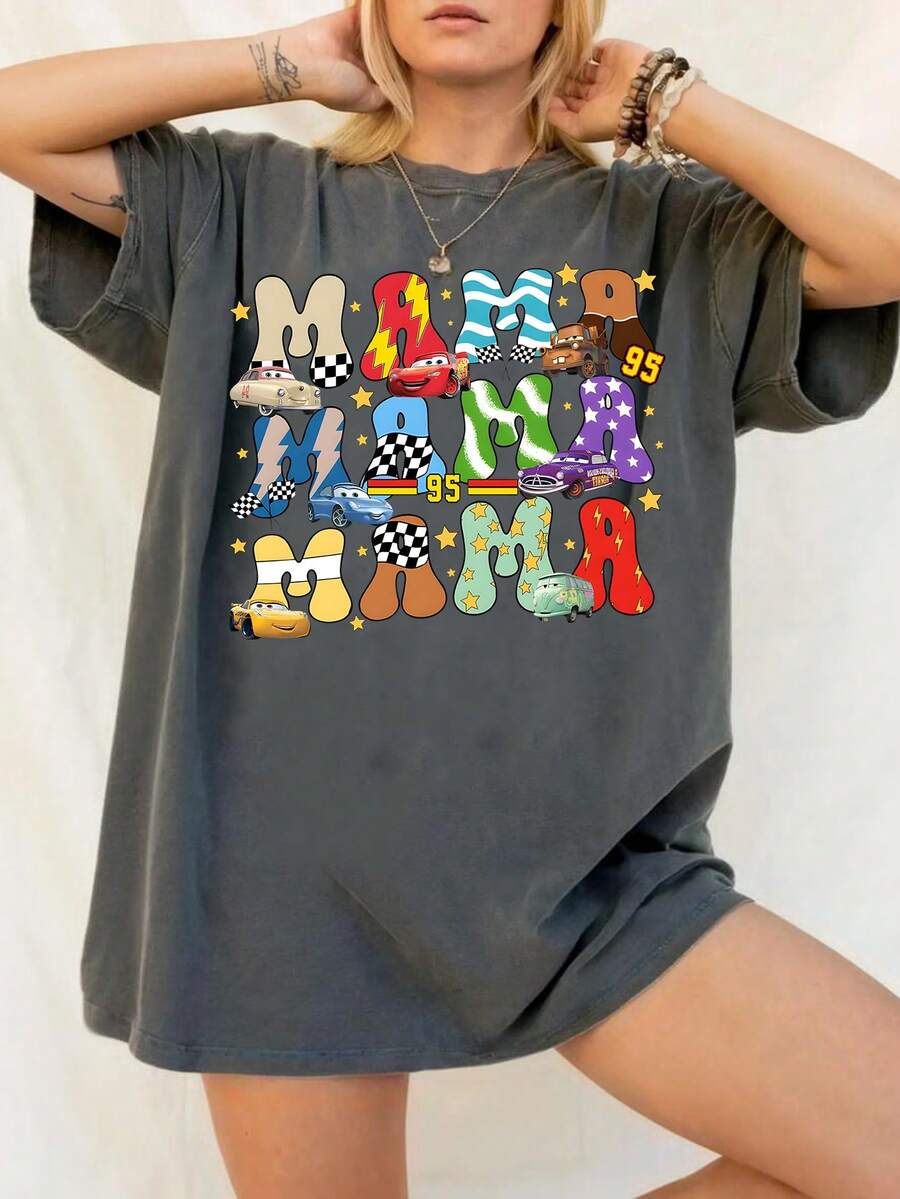 Disney UNIHLO  Happy Mother's Day  Printed Summer Heavyweight Retro Washed Street Fashion Casual T-Shirt - 黑色 - 查看 1