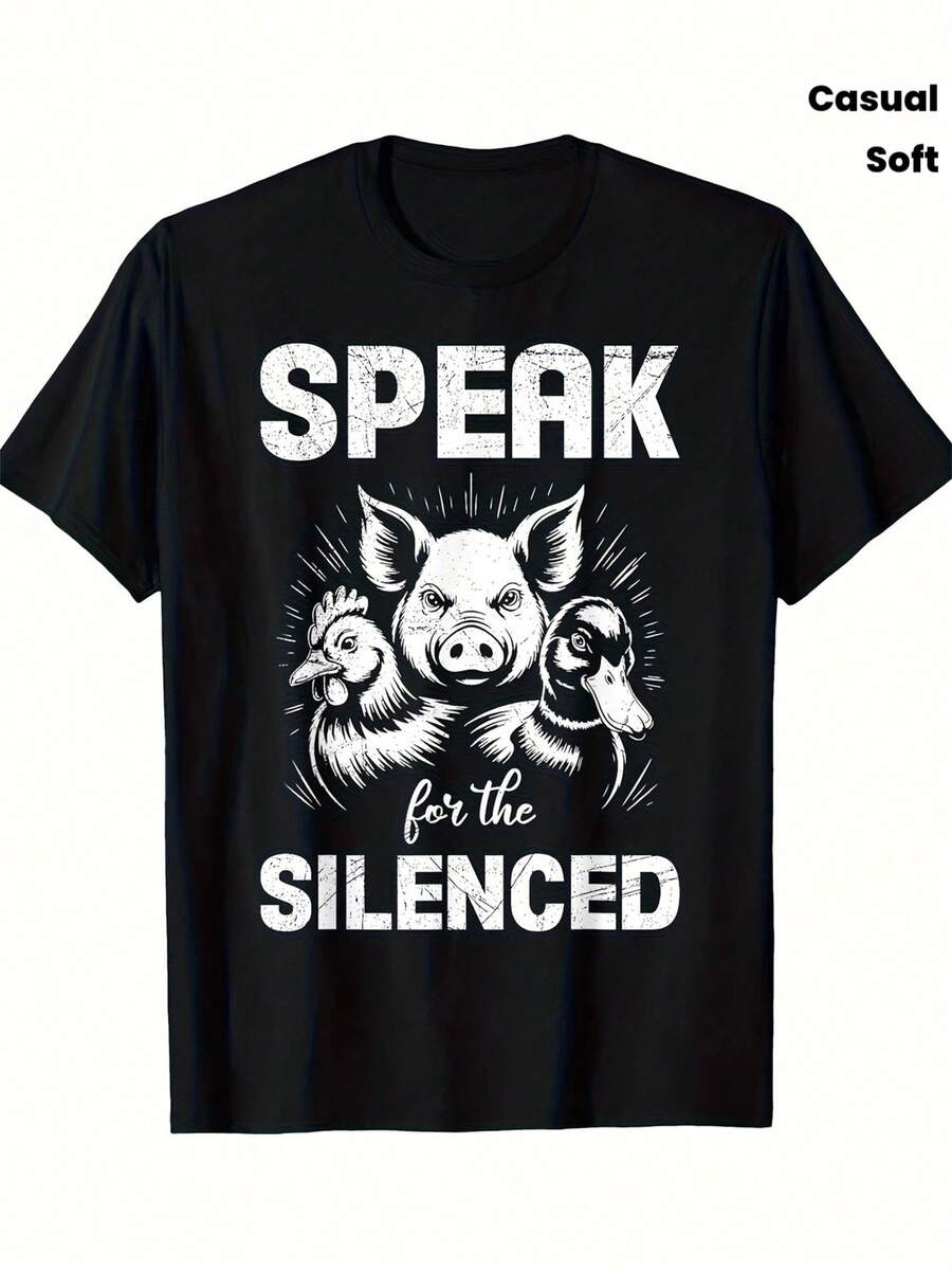 Camiseta de Hombre de Tejido Grueso 100% con Estampado de Derechos de los Animales| Diseño interesante que emite sonidos de cerdos y gallinas silenciosos, camiseta de cuello redondo suave y ligeramente elástica, promueve el bienestar animal, adecuada para un uso casual y expresivo, disponible en tallas S-XXL. - Negro - Ver 1