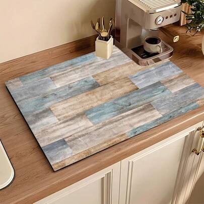 1pc Wood Board & Daisy Print Absorbent Drying Mat, Kitchen Decor, Coffee Machine Pad, Handmade Coffee Pot Draining Mat, Kitchen Floor Mat, Dining Table Mat, Kitchen Counter Bowl Drying Pad, Breakfast Mat, Heat-Resistant Anti-Slip Coaster, Washing Machine Mat, Diatomite Draining Pad, Hides Stains, Super Absorbent Kitchen Mat, Easy To Clean Dish Rack Mat, Suitable For Kitchen, Dining Table, Coffee Shop, Bar, Holiday, Party, Home Decor, Holiday Gift