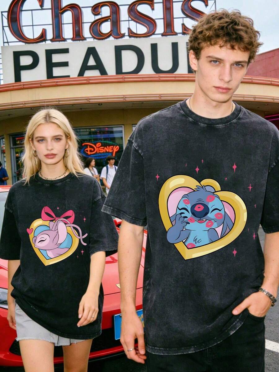 Disney Officially Licensed Graphic T Shirts 100 PercDisney Officially Licensed Graphic T Shirts 100 Percent Cotton Disney Shirt, Stitch & Angel Heart Gift Box Couple T-Shirt, Unisex, Washed 230g, Retro Vintage, Crew Neck, Comfortable Teeent Cotton Disney Shirt, Stitch & Lilo Couple T-Shirt, Unisex, Washed 230g, Summer Retro, "Where I Go Trouble Follows" Print, Daily Wear - Black 2 - View 1