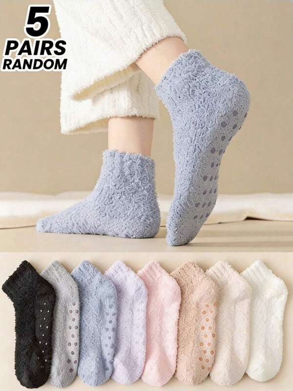 1/3/5 Pairs Random Coral Fleece Socks, Women Shallow Mouth Non-Slip House Socks, Couples Thickened Warm Sleeping Ankle Socks For Autumn/Winter