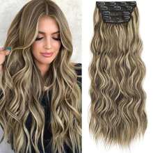 KooKaStyle Clip In Synthetic Highlight Hair Extensions Long Wavy 4PCS Thick Hairpieces Medium Brown Ash Blonde Fiber Double Weft Natural 24 Inch For Women - ColorFF - View 1