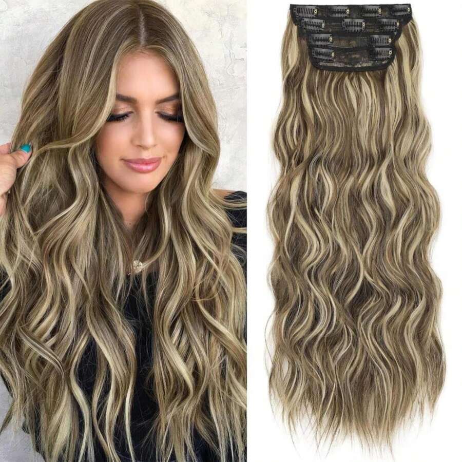 KooKaStyle Clip In Synthetic Highlight Hair Extensions Long Wavy 4PCS Thick Hairpieces Medium Brown Ash Blonde Fiber Double Weft Natural 24 Inch For Women - ColorFF - View 1