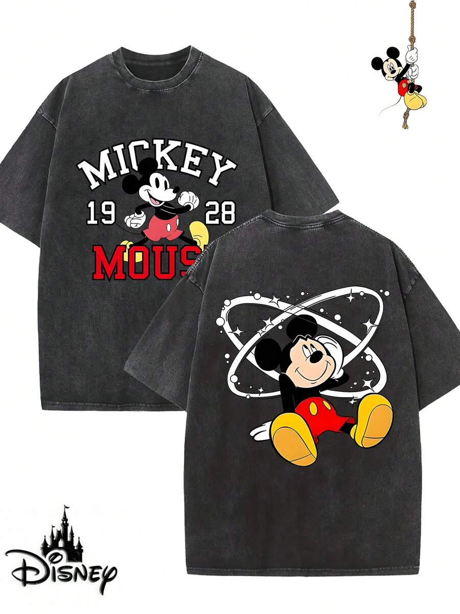 Disney-Licensed Men's Cotton T-Shirt For The 2026 Family Holiday. Featuring A Stitch Motif, Washed Crew Neck, Soft And Comfortable Feel, Easy Care And Suitable For Various Occasions Such As Holidays, Everyday Life And Commuting – Full Of Festive Spirit. - 黑色 - 查看 1