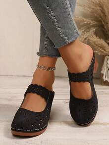 Women's High-Heel Sandals | Retro Breathable Cut-Out & Laser-Cut Design | Slip-On With Patterned Strap, Closed Round Toe & Thick Heel |European-American Style Summer Back-To-School Shoes - 黑色 - 查看 5
