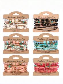 Set de 8 piezas de pulseras elásticas bohemias con cuentas, pulseras hechas a mano con cuentas, accesorios románticos para vacaciones en la playa - Multicolor - Ver 1