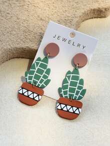 1对女士仙人掌盆栽印花陶瓷质感INS风设计可爱优雅长耳环 - 彩色 - 查看 3