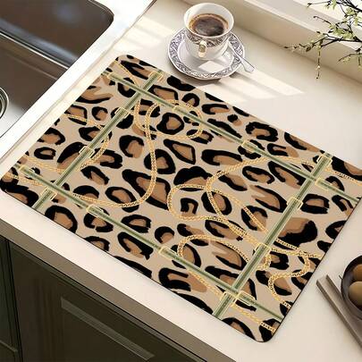 1pc Leopard Print Gold Chain Pattern Absorbent Non-Slip Kitchen Counter Drying Mat, Heat Resistant Tabletop Decoration For Coffee Bar, Home