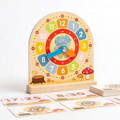 Wooden Clock Educational Toy, With Movable Hands And Question Cards, Cultivate Time And Math Skills, Children's Time Learning Tool, Difficulty Progressing Question Cards