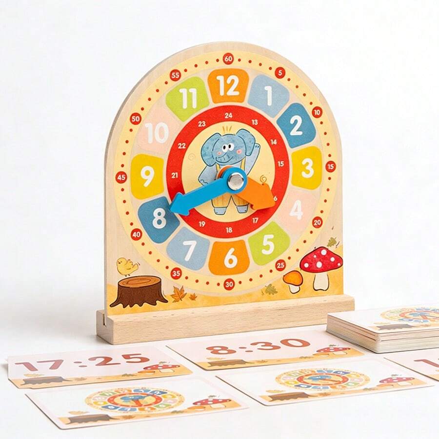 Wooden Clock Educational Toy, With Movable Hands And Question Cards, Cultivate Time And Math Skills, Children's Time Learning Tool, Difficulty Progressing Question Cards