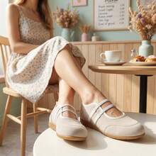 2026 Spring/Summer New Ballet-Inspired Women Casual Sneakers, Suede Slip-On Round Toe Flat Shoes, Breathable Comfortable Mary Jane Shoes With Elastic Strap, Beige - Beige - View 4