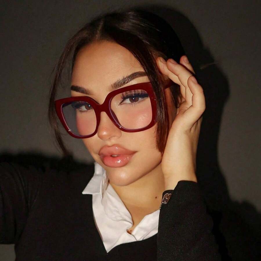 1 Pair Women's Burgundy Square PC Frame Vintage Plain No-Degree Glasses, Suitable For Daily Wear, Transparent Eyewear Accessories, Women & Student Glasses Accessories - Burgundy - View 1