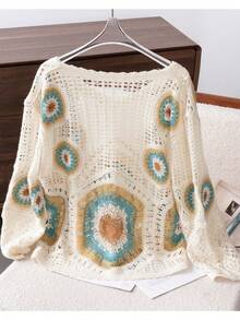 Blusa de punto hueco de estilo bohemio, suéter de cuello en V verde esmeralda vintage, suéter de punto para playa y vacaciones de verano - Albaricoque - Ver 6