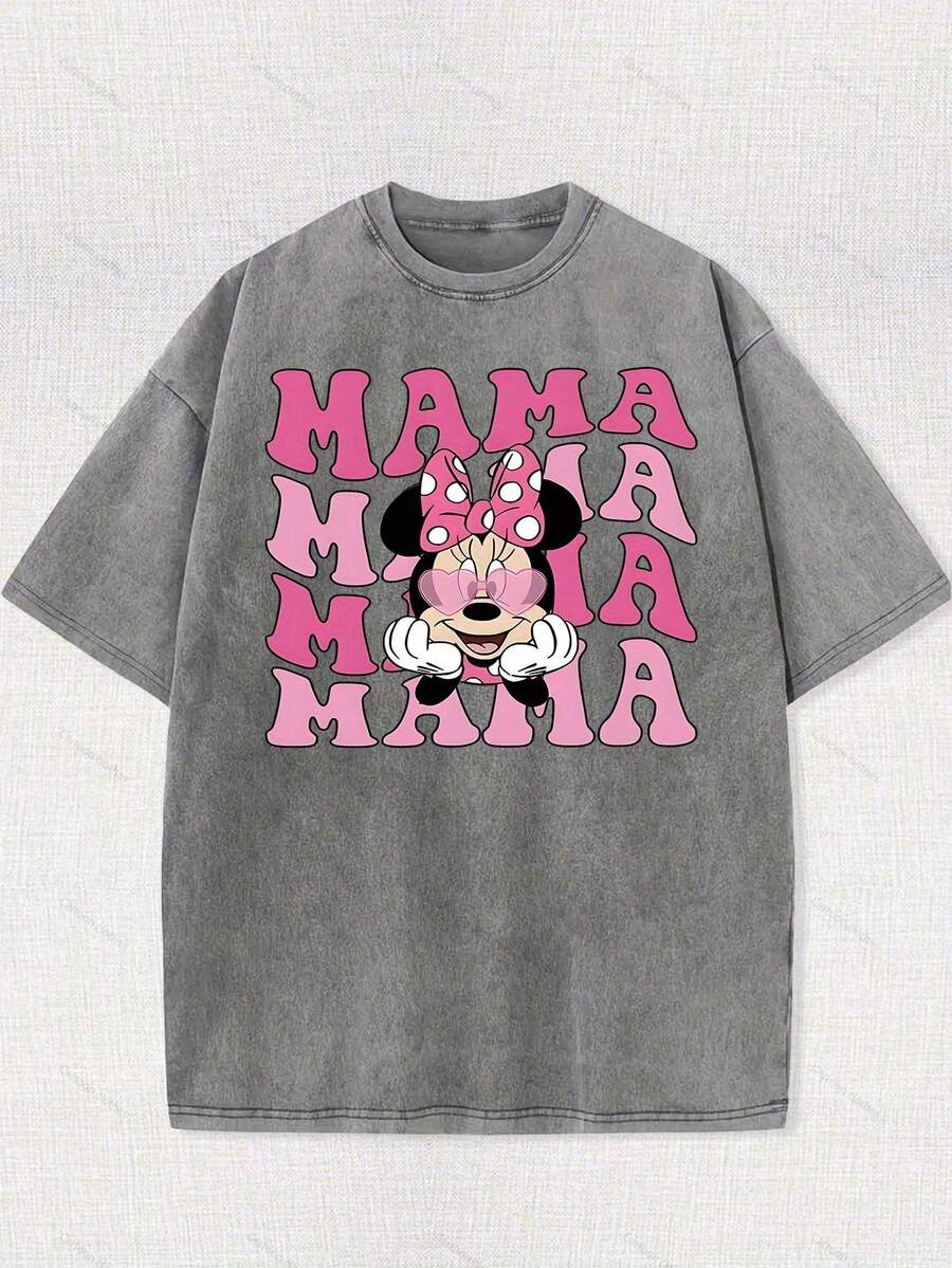 Disney Authorized | Retro Minnie Mouse Mommy T-Shirt -100% Cotton Washed Unisex Short Sleeve Casual Shirt-Machine Washable-Perfect Summer Birthday Gift For Fans-Daily Comfort-Classic Print Durable. - 灰色 - 查看 1