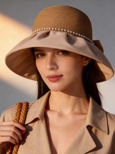 1pc Women's Spring & Summer Reversible Straw Hat With Pearl Decor, Wide Brim Sun Hat, Suitable For Daily Use