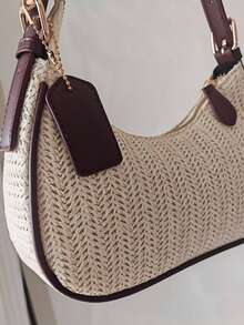 2026新款草编单肩包，夏季度假风，小众设计百搭通勤包，酒红色拼接编织包，女士腋下单肩包，Y2K女士手提包 - 酒紅色 - 查看 6