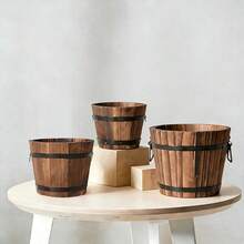 1/3pcs Vintage Wooden Barrel Shaped Planter, Rust-Resistant Indoor/Outdoor Succulent Flower Pot, Rustic Style Wooden Planter - Wavy Mouth - View 15