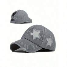 1pc Ladies' Embroidered 5-Pointed Star Washed Ponytail Distressed Baseball Cap, Sun Protection Leisure Hat Suitable For Spring/Autumn Travel, Beach Holidays, Men's Sun Hat, Y2K Style Youth Hat - A - 查看 8