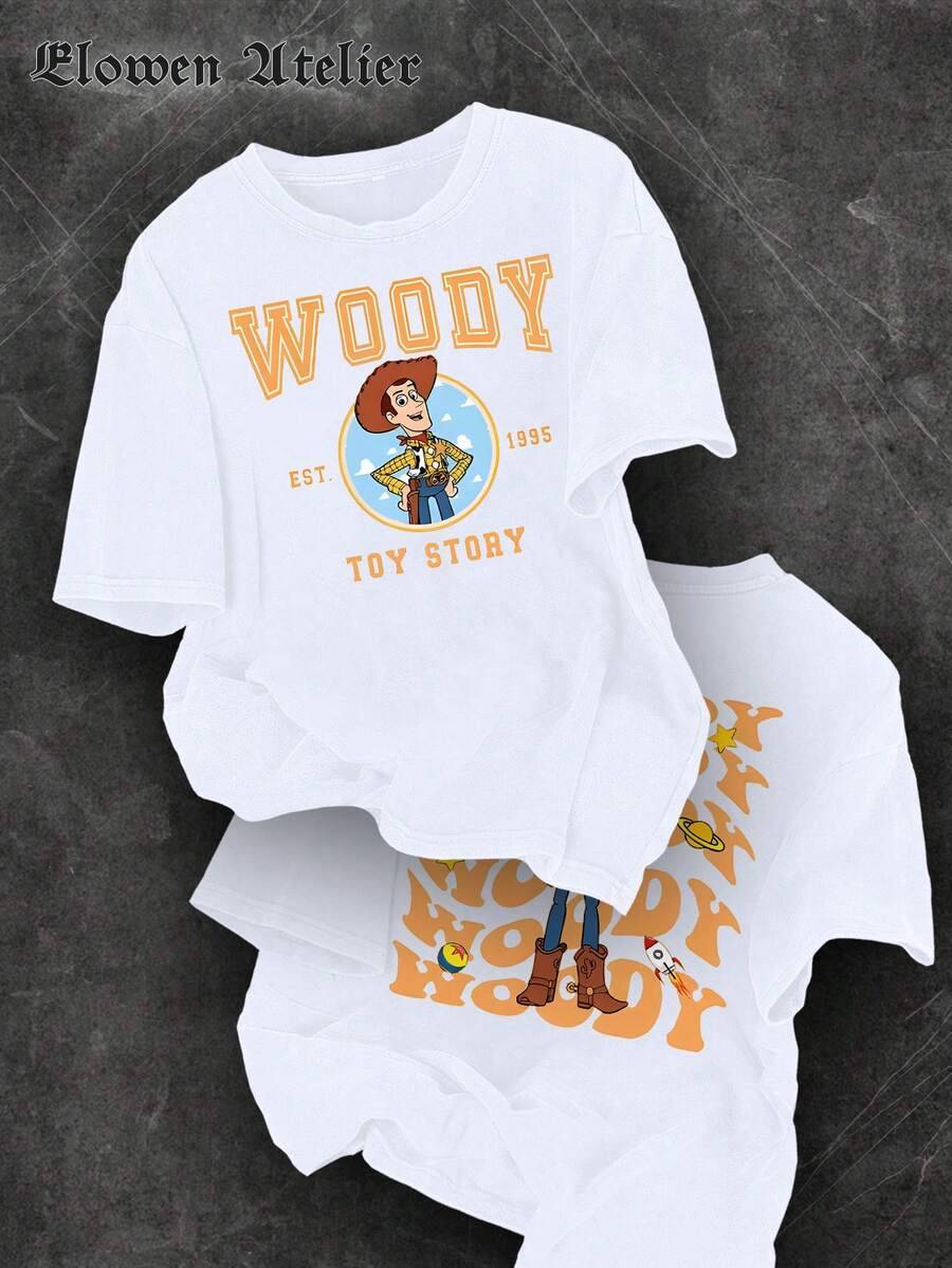 Disney Women's Casual Cotton Toy Story Woody Print Short Sleeve Round Neck T-Shirt - trắng - Xem 1