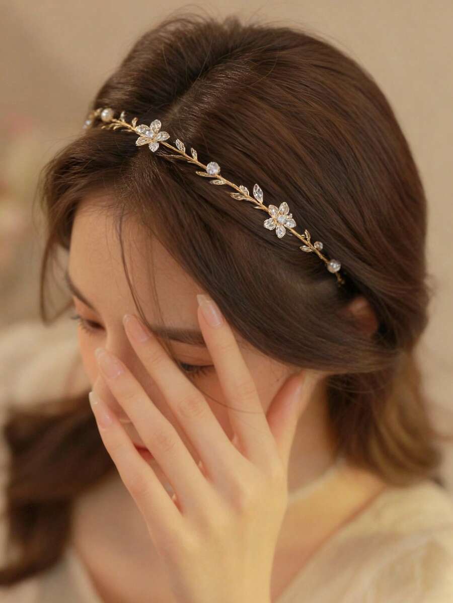 1件极简合金发箍,饰以仿珍珠、花朵和水钻,适合女性,金色发饰,新娘装饰,发箍,发圈 - 米色 - 查看 1