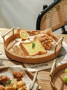 Round Rattan Tray With Handle - Woven Rattan Decorative Storage Tray With Sturdy Base, Cute Rustic Design, Easy To Clean - Rattan Tray Suitable For Decor, Breakfast, Coffee Table, Fruit, Vegetables, Bread, Dining And Kitchen Use, Home Decor, Outdoor Picnic, Great For Weddings And Birthdays, Ladies Gifts - Multifärgad - Visa 2
