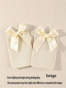 1双儿童蝴蝶结甜美可爱中筒网眼袜，镂空渔网女童袜，适合春夏穿着 - 彩色 - 查看 4