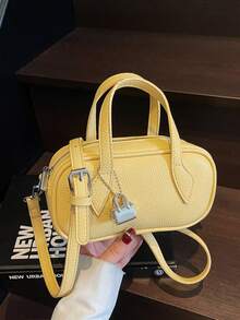 女士时尚别致金属扣设计单肩包，简约百搭都市通勤风格，配有可调节肩带 - 黃色 - 查看 3