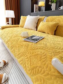 1pc Embroidered Plush Sofa Cushion Cover, Solid Color Leaf Pattern Sofa Slipcover, Non-Slip Anti-Scratch, Suitable For All Seasons, Easy To Clean, Holiday & Home Decor, Fits 1/2/3/4 Seater Sofa - 黃色 - 查看 11
