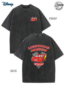 Cars Themed Cartoon T-Shirt, Lightning McQueen Racing Print, Nostalgic Style Racing McQueen T-Shirt, Retro Washed Couple's Short Sleeved Shirt, Cartoon Lightning McQueen Racing Checkerboard Element Loose Unisex, Cars Mobilization McQueen Cartoon T-Shirt, Retro Distressed Men's T-Shirt, McQueen Couple's T-Shirt, Disney Racing Unisex T-Shirt, Disney Casual Style Short Sleeved Shirt, 230G Washed High-Quality Cotton Double-Sided Printed T-Shirt - 黑色 - 查看 1