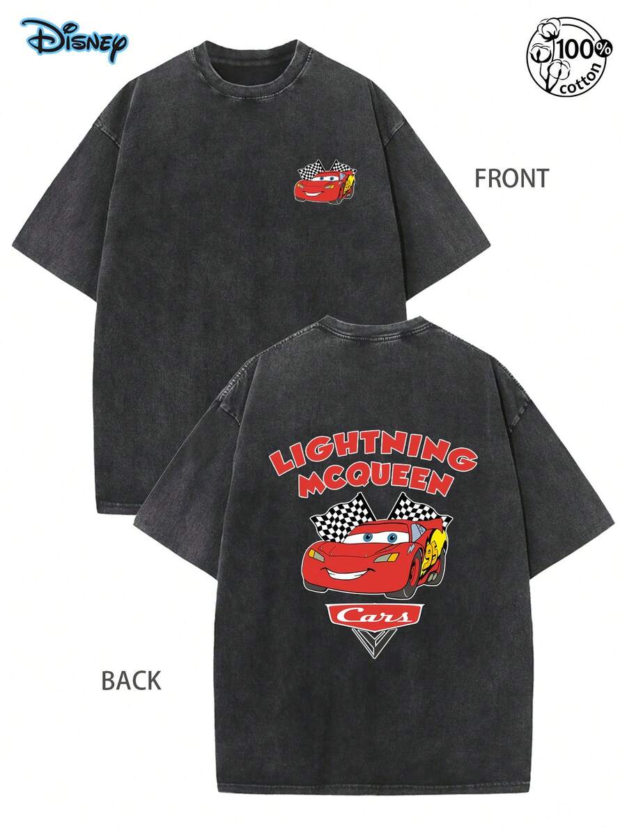 Cars Themed Cartoon T-Shirt, Lightning McQueen Racing Print, Nostalgic Style Racing McQueen T-Shirt, Retro Washed Couple's Short Sleeved Shirt, Cartoon Lightning McQueen Racing Checkerboard Element Loose Unisex, Cars Mobilization McQueen Cartoon T-Shirt, Retro Distressed Men's T-Shirt, McQueen Couple's T-Shirt, Disney Racing Unisex T-Shirt, Disney Casual Style Short Sleeved Shirt, 230G Washed High-Quality Cotton Double-Sided Printed T-Shirt - 黑色 - 查看 1