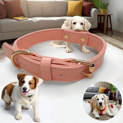 可调节长度真皮宠物项圈，双层真皮狗项圈，配金属扣，舒适柔软亲肤，适合长时间佩戴，时尚个性化，长度可调节，适合大、中、小型宠物，金属扣牢固易扣，适合户外宠物牵引。