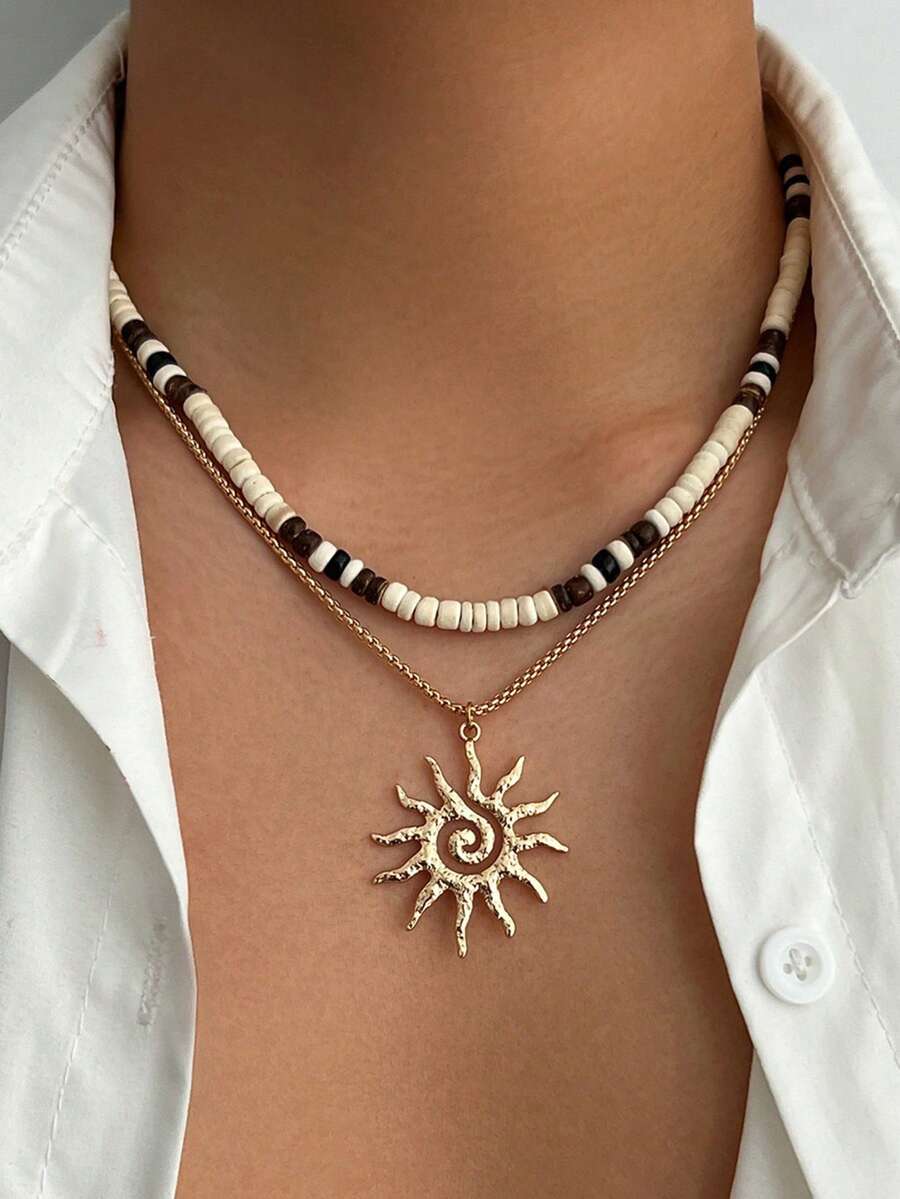 2pcs Beaded Necklace With Sun Pendant, Layered Necklace, Unisex Fashionable Necklace For Daily Wear, Summer - Multicolor - View 1