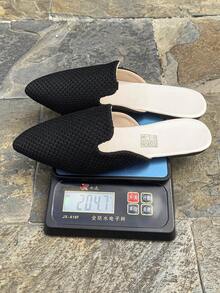 大码 35-45 女式尖头平底穆勒鞋，金色，低鞋面，适合户外和日常穿着，秋季新品，PU 鞋面软底一脚蹬乐福鞋，时尚百搭 - 黑色(小長形格) - 查看 10