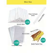 Bộ dụng cụ làm kẹo mút hình bánh pop 300 chiếc, bao gồm 100 que kẹo, 100 túi đựng kẹo và 100 dây buộc, dùng để làm kẹo và sô cô la. - Nhiều màu - Xem 11