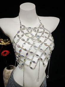 2026 New Sexy Lingerie Accessories, Handmade Spaghetti Strap Bralette, Fishnet Sequins Beaded Bodychains, Suitable For Party, Nightclub, Hotel, Carnival, Beach, Holiday - Silver - View 5
