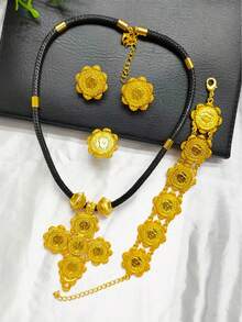 4件套时尚女士镀金黑绳人像硬币吊坠首饰套装，包括项链、手链、戒指和耳环，适合婚礼、派对、母亲节、情人节、生日、音乐节、节日礼物、日常佩戴 - 金黃色 - 查看 2