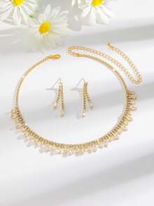 3pcs European And American Niche Rhinestone Tassel Wedding Necklace, Bridal Earrings, Banquet Jewelry, Collarbone Chain Earrings For Women Jewelry, Women Earrings - Multicolor - View 4