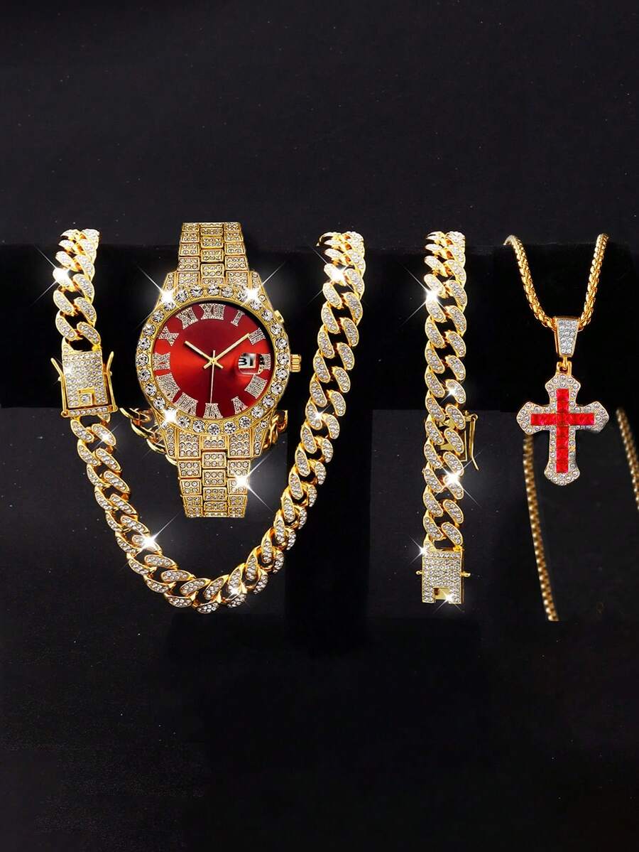 Hip Hop Chain Set, Unisex Fashion Watch, Necklace And Bracelet Set, Holiday Gift For Father