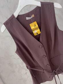 Elegant Formal Ensemble Consisting Of A V-Neck Vest With Tie Detail And A Midi Skirt With A Slit | Sophisticated Cut | Marrant - 巧克力棕 - 查看 4