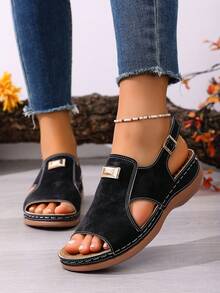 2026夏季新款时尚露趾沙滩凉鞋，厚底坡跟休闲凉鞋，女士款 - 黑色 - 查看 3