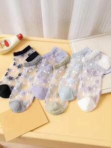 6 Pairs Women's Thin Crystal Silk Socks, Korean Fashion Starfish Beach Vacation Style Boat Socks, Summer - Multicolor - View 11