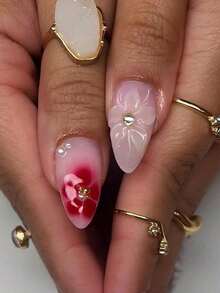 [Lowest Price In 30 Days]24Pcs/Set Almond Shaped French Manicure 3D Floral-Drop Gradient Elegant Reusable Press-On Nails With 1Pc Gel And 1Pc Nail File, Adding A Daily Wear And Dates Nail Supplies Nails - 多色 16 - 查看 2