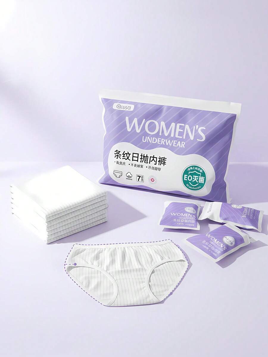 Set de 7 piezas de bragas desechables y transpirables a rayas para mujeres, empaquetadas individualmente, adecuadas para viajes y embarazo - Blanco - Ver 1