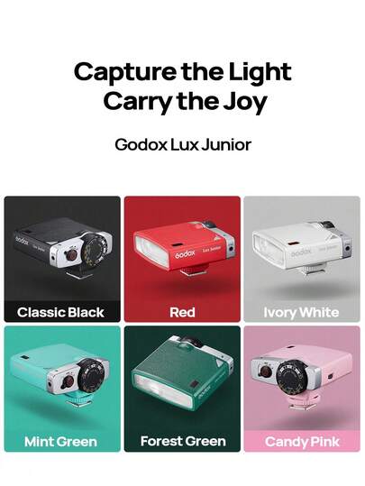Godox وحدة فلاش Lux Junior بحجم كف اليد، وتتميز بلمسة نهائية جلدية، وتصميم اتصال واحد، ووضعين، وألوان متعددة، وهي متوافقة مع كاميرات Sony وFujifilm وCanon وNikon وPanasonic وغيرها.