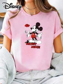 Soft Cotton T-Shirt | Disney "Mickey Mouse Floral Fun" Graphic Tee | Casual Daily WearMade With Soft, Comfortable, And Durable Materials, This Is An Ideal Choice For Spring And Summer. This Crew Neck T-Shirt Is Suitable For Various Occasions, Including Everyday Wear, Shopping, Parties, Travel, And Gatherings, And Also Makes A Thoughtful Gift. - 粉色 - 查看 1