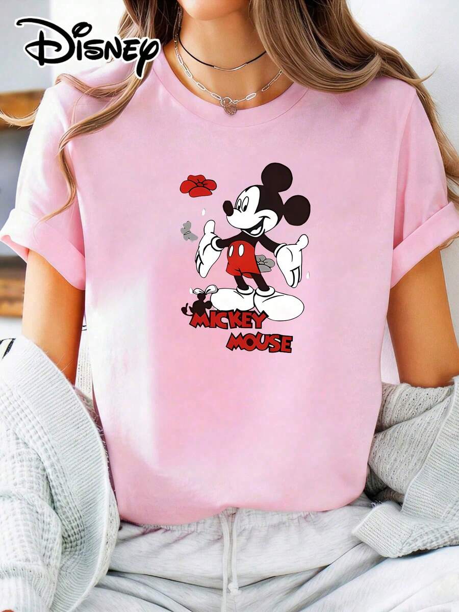 Soft Cotton T-Shirt | Disney "Mickey Mouse Floral Fun" Graphic Tee | Casual Daily WearMade With Soft, Comfortable, And Durable Materials, This Is An Ideal Choice For Spring And Summer. This Crew Neck T-Shirt Is Suitable For Various Occasions, Including Everyday Wear, Shopping, Parties, Travel, And Gatherings, And Also Makes A Thoughtful Gift. - 粉色 - 查看 1
